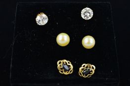 THREE PAIRS OF ASSORTED EARRINGS to include a pair of oval sapphire filigree studs, cultured pearl