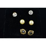 THREE PAIRS OF ASSORTED EARRINGS to include a pair of oval sapphire filigree studs, cultured pearl