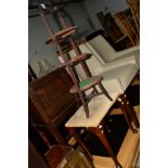 AN EDWARDIAN MAHOGANY THREE TIER CAKE STAND and a footstool (2)