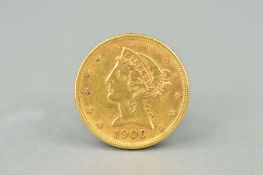 A GOLD FIVE DOLLAR COIN, 1906, U.S.A. Denver Mint, approximately 8.3 grams, .900 fine