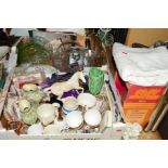 TWO BOXES AND LOOSE SUNDRY ITEMS, to include Colclough teawares, Royal Doulton Spirit of the Wind (