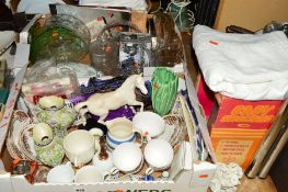 TWO BOXES AND LOOSE SUNDRY ITEMS, to include Colclough teawares, Royal Doulton Spirit of the Wind (