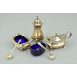 A GEORGE V SILVER THREE PIECE CRUET SET, gadrooned rims with shell detail, Birmingham 1912, together