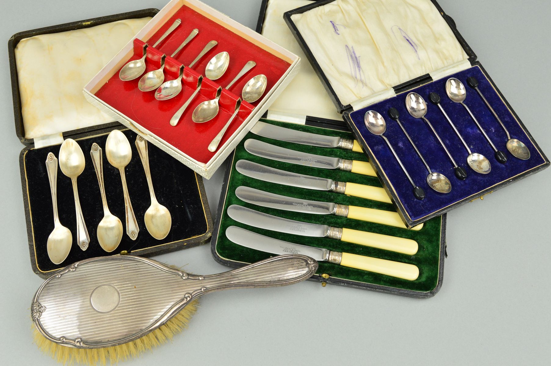 A CASED SET OF SIX SILVER BEAN END COFFEE SPOONS, together with an incomplete set of cased silver