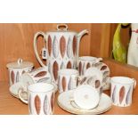 A SUSIE COOPER COFFEE SET, 'Hyde Park' pattern, brown and grey leaves, to include coffee pot,