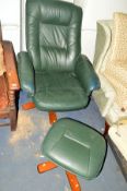 A DARK GREEN LEATHER SWIVEL CHAIR ON A WOODEN BASE, together with a matching stool (2)
