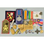 A BOX CONTAINING VARIOUS MILITARY MEDALS, LAPEL PINS, COLLAR INSIGNIA, PATCHES, etc, to include a