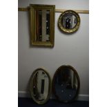 A VICTORIAN GILT WOOD BEVELLED EDGE WALL MIRROR, a Regency convex wall mirrors and two other oval