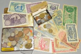 A BOX CONTAINING A SMALL TIN OF WORLD COINS, with Palestinian Syrian Egyptian coins, Piastres Mils