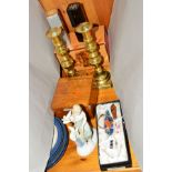 CHANEL NO.5 AND NO.19 REFILLABLE PERFUME BOTTLES, a pair of brass candlesticks, wooden music box,