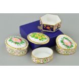 FOUR ROYAL CROWN DERBY TRINKET POTS, to include boxed polygon shaped Imari pot, A1298 pattern,