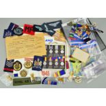 A LARGE BOX CONTAINING DEALER ITEMS, including medal, ribbons, wearing bars, medal envelopes an un-