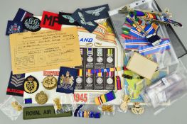 A LARGE BOX CONTAINING DEALER ITEMS, including medal, ribbons, wearing bars, medal envelopes an un-