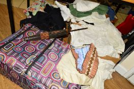 THREE BOXES OF LINEN, LACE AND CLOTHING, etc, to include a Victorian beaded/lace shawl, a