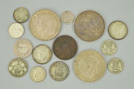 A BOX LID CONTAINING A SMALL AMOUNT OF COINS, to include a good grade 1898 LXII Victoria Crown,