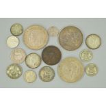 A BOX LID CONTAINING A SMALL AMOUNT OF COINS, to include a good grade 1898 LXII Victoria Crown,