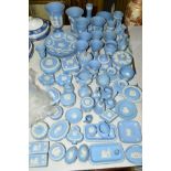 WEDGWOOD LIGHT BLUE JASPERWARES, to include vases, covered trinkets, miniatures, plates, etc