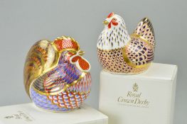TWO BOXED ROYAL CROWN DERBY PAPERWEIGHTS, 'Cockerel' and 'Chicken', with gold stoppers