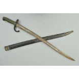A FRENCH CHASSEPOT STYLE RIFLE BAYONET, and metal scabbard, no markers marks evident on blade etc
