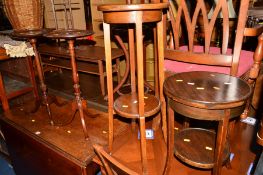 TWO VARIOUS EDWARDIAN MAHOGANY WINE TABLES with dish top tops, a mahogany torchere stand, occasional