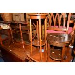 TWO VARIOUS EDWARDIAN MAHOGANY WINE TABLES with dish top tops, a mahogany torchere stand, occasional