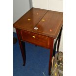 AN EDWARDIAN MAHOGANY AND INLAID DOUBLE FOLD OVER SEWING TABLE, 46cm squared x height 72cm