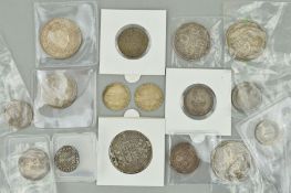 A GROUP OF SIXTEEN 17TH-18TH AND 19TH CENTURY SILVER COINS, to include 1576 Elizabeth sixpence,