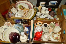 FOUR BOXES OF CERAMICS, GLASS, PICTURES, etc, to include teapots, Limited Edition prints, a Laurel &