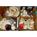 FOUR BOXES OF CERAMICS, GLASS, PICTURES, etc, to include teapots, Limited Edition prints, a Laurel &