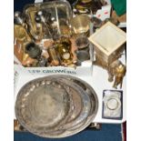 A BOX OF ASSORTED METAL WARES including brass hour glasses, pewter tankard and goblets, elephant