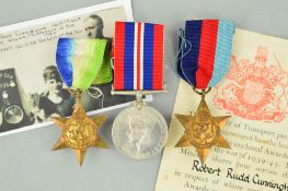 A WWII CASUALTY GROUP OF THREE MEDALS, (un-named) attributed to Robert Rudd Cunningham, Deck Boy,