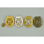 FOUR GERMAN 3RD REICH DRL SPORTS BADGES, together with a miniature stick pin badge, all are marked