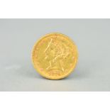 A GOLD FIVE DOLLAR COIN, U.S.A., 1879
