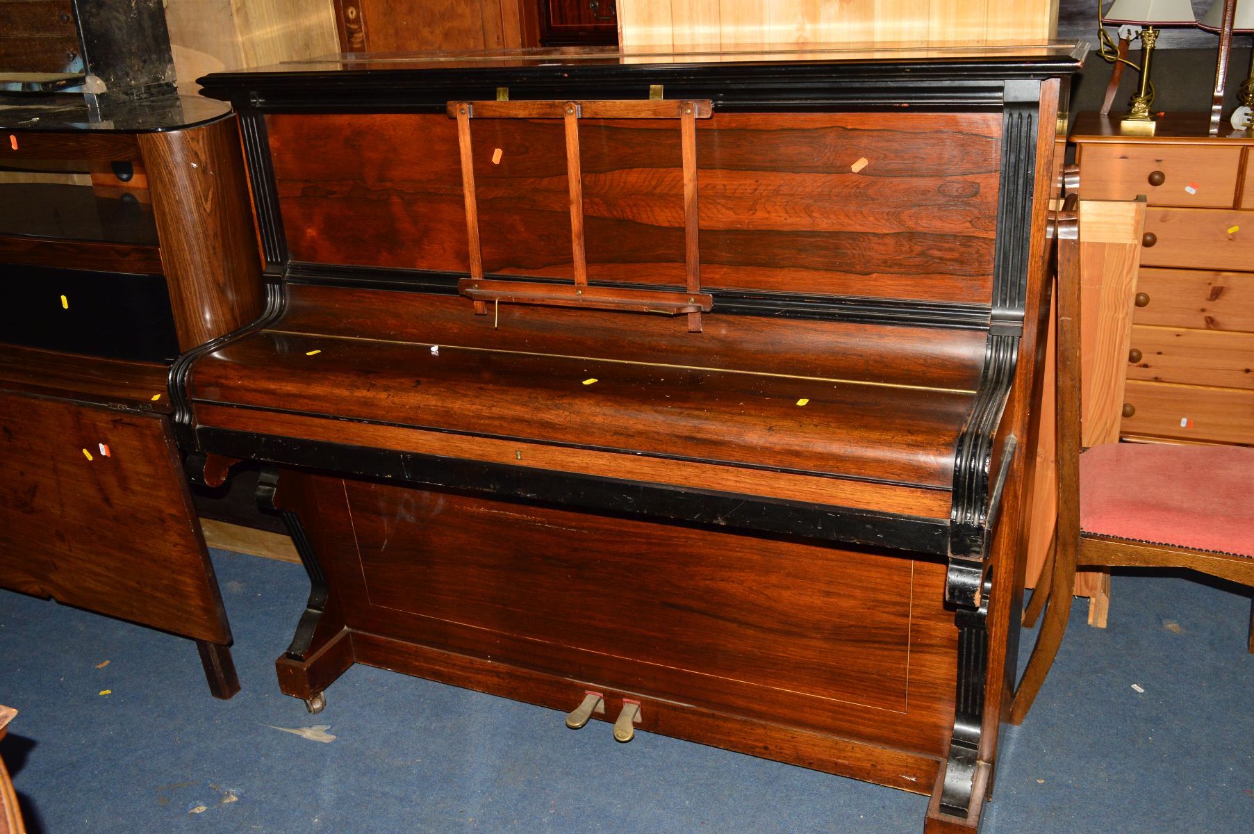 A VICTORIAN ROSEWOOD UPRIGHT PIANO, marked RUD IBACK SOHN, Barmen, Germany