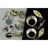 A SELECTION OF SILVER AND WHITE METAL JEWELLERY to include mainly Mexican Alpaca jewellery inlaid
