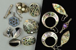 A SELECTION OF SILVER AND WHITE METAL JEWELLERY to include mainly Mexican Alpaca jewellery inlaid