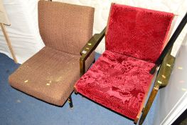 A MID 20TH CENTURY ARMCHAIR ON A SHAPED FRAME, together with another upholstered metal framed