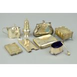 A GROUP OF SILVER COMPRISING A SILVER PURSE, a three piece condiment set and two spoons, a cigarette