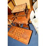 AN EDWARDIAN WALNUT OCCASIONAL TABLE, a walnut games table, a stool and a trouser press (4)