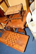 AN EDWARDIAN WALNUT OCCASIONAL TABLE, a walnut games table, a stool and a trouser press (4)