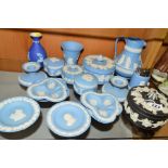 VARIOUS WEDGWOOD LIGHT BLUE, BLACK JASPERWARES, etc, to include jug, covered pots, table lighter,