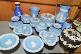 VARIOUS WEDGWOOD LIGHT BLUE, BLACK JASPERWARES, etc, to include jug, covered pots, table lighter,