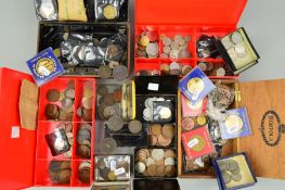 A CARDBOARD BOX CONTAINING TINS AND BOXES OF WORLD COINS, to include silver coins, penny, halfpenny,