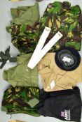 MENS ARMY COVERALL, both paint stained, size 190/108, together with green wool gloves, white