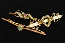 THREE EARLY 20TH CENTURY GOLD BAR BROOCHES, the first designed with a central split pearl heart