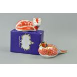 TWO ROYAL CROWN DERBY PAPERWEIGHTS, 'Pheasant' and 'Red Fox' with a box, both with gold stoppers (