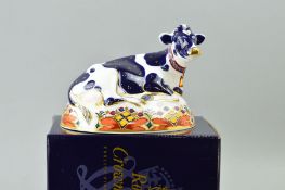A BOXED ROYAL CROWN DERBY PAPERWEIGHT, Freisian Cow, 'Buttercup' (silver stopper, seconds)