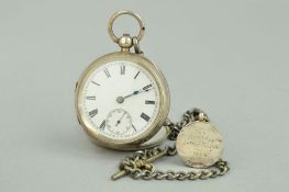 A SILVER POCKET WATCH on a silver T bar and fob, Chester 1896