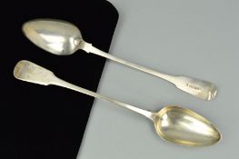 A PAIR OF GEORGE IV SILVER FIDDLE PATTERN BASTING SPOONS, makers Andrew Wilkie and Js.H, Edinburgh