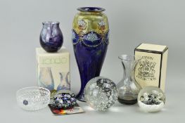 A ROYAL DOULTON STONEWARE VASE AND SIX PIECES OF GLASSWARE, to include Caithness Limited Edition